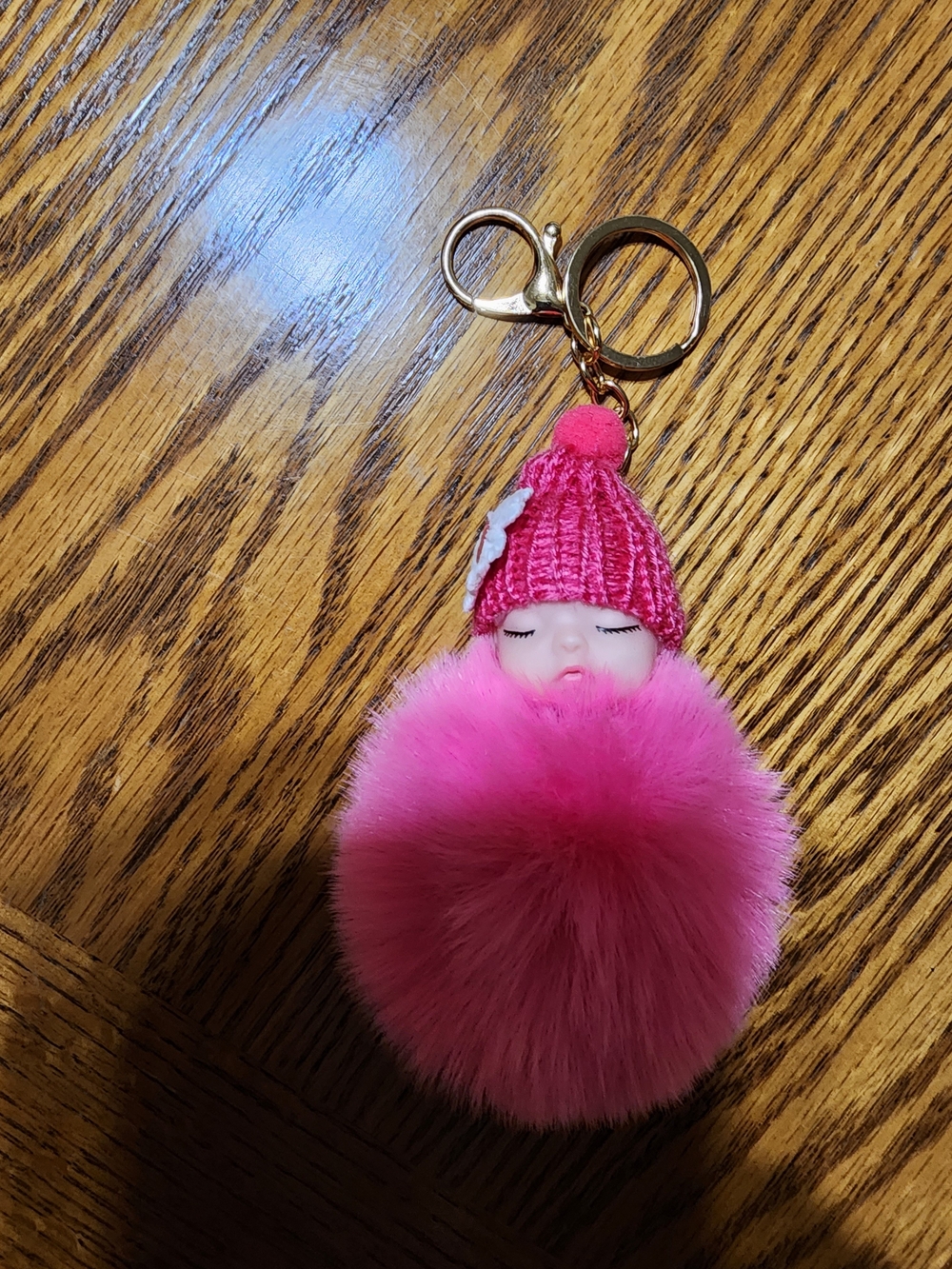 Hot Pink Skeeping Baby With Pom Bag Charm Keychain